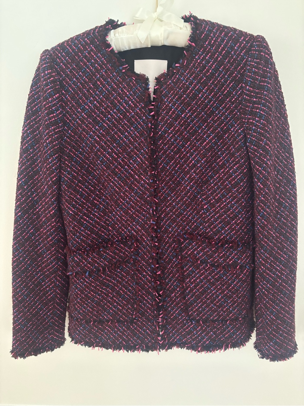 Rebecca Taylor Burgundy Tweed Collarless Blazer with fringe trim. Size 4